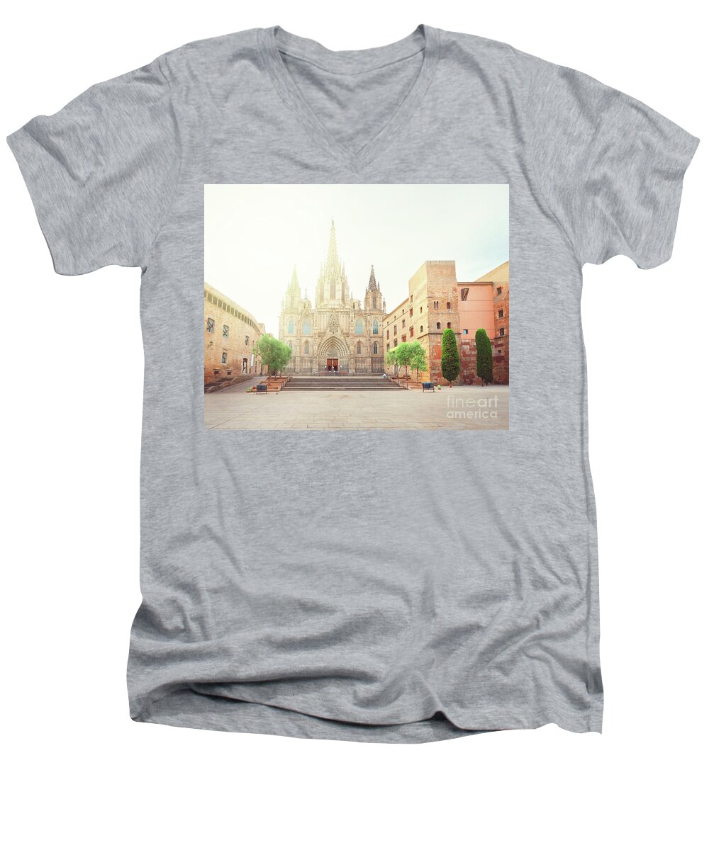 Barcelona Men's V-Neck T-Shirt featuring the photograph Gotic Cathedral of Barcelona by Anastasy Yarmolovich