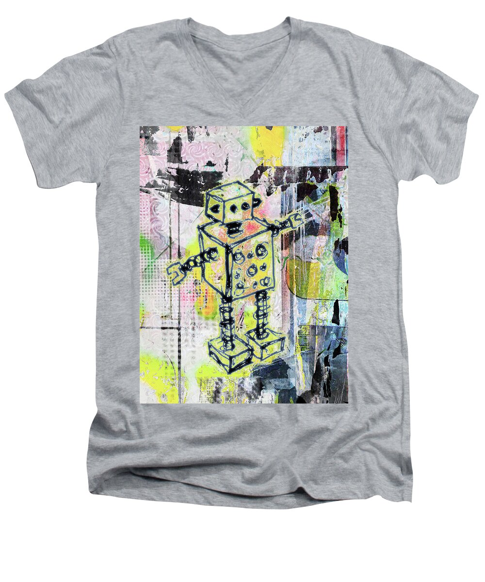 Robot Men's V-Neck T-Shirt featuring the digital art Graffiti Graphic Robot by Roseanne Jones