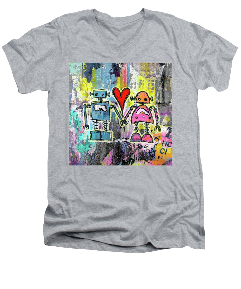 Graffiti Men's V-Neck T-Shirt featuring the digital art Graffiti Pop Robot Love by Roseanne Jones