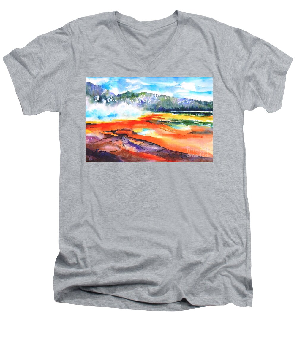 Yellowstone National Park Men's V-Neck T-Shirt featuring the painting Grand Prismatic Hot Spring by Betty M M Wong