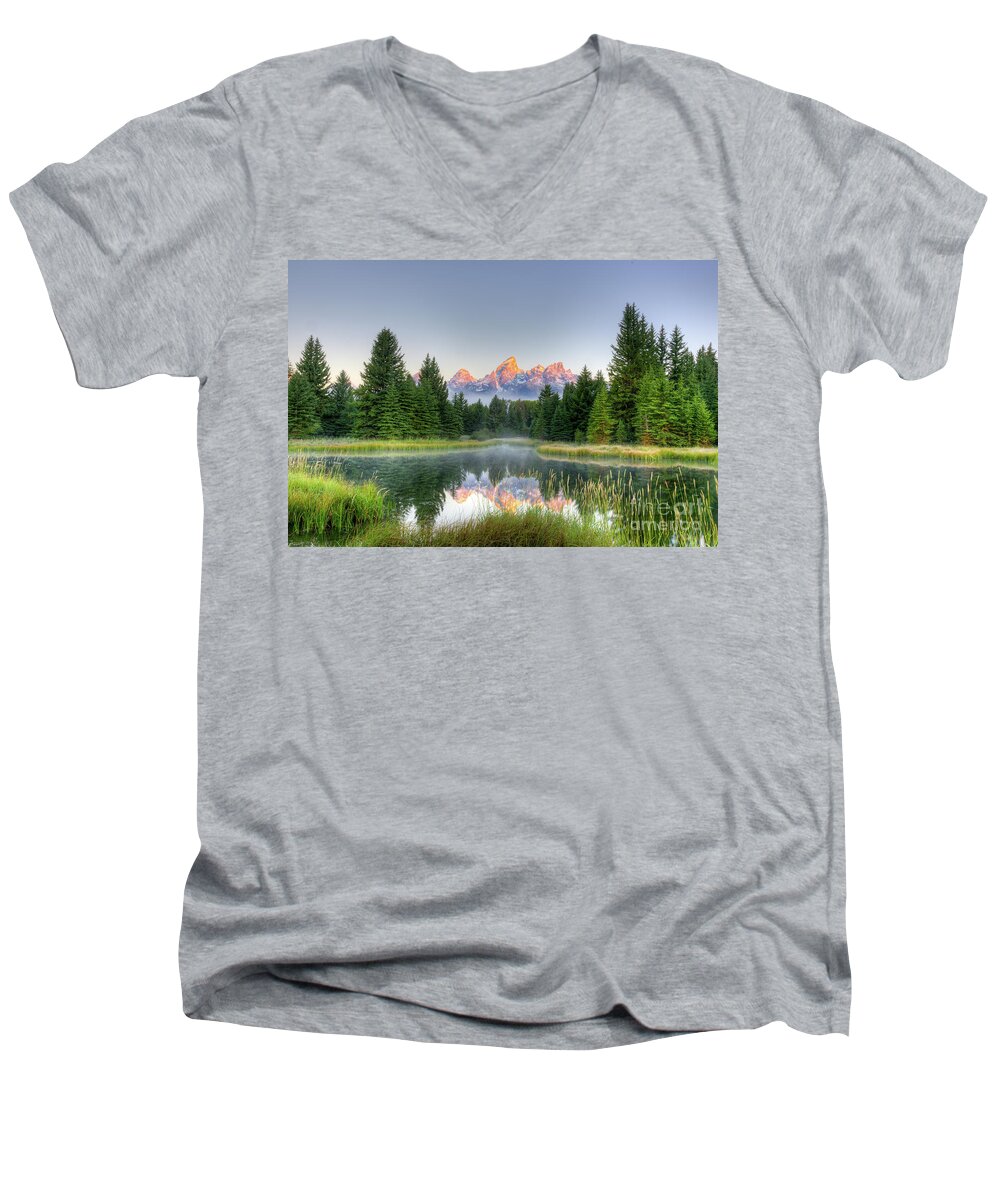  Environment Men's V-Neck T-Shirt featuring the photograph Grand Tetons Sunrise 2 by Paul Quinn