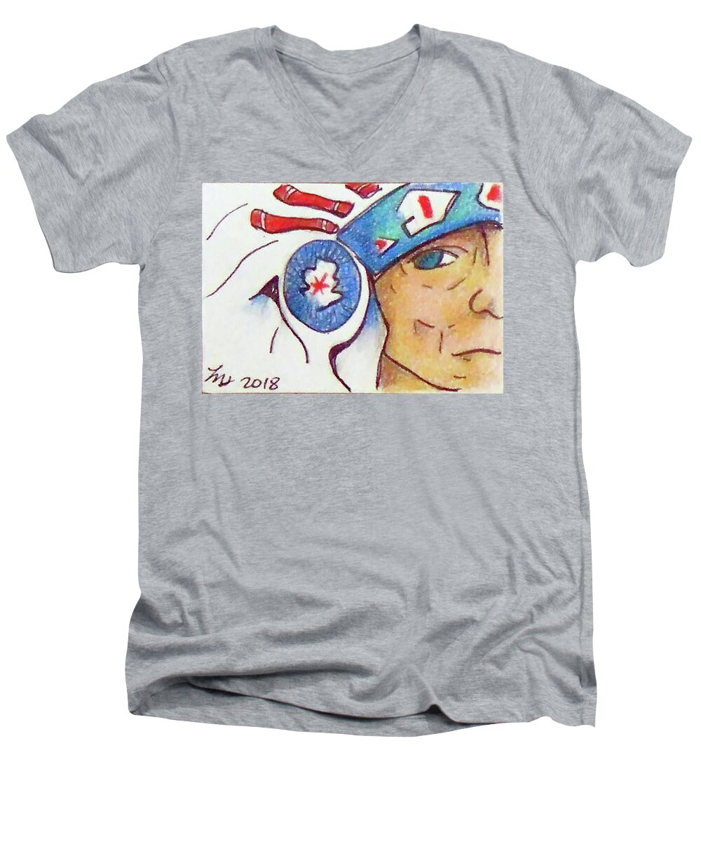  Men's V-Neck T-Shirt featuring the drawing Grandpa Chief by Loretta Nash