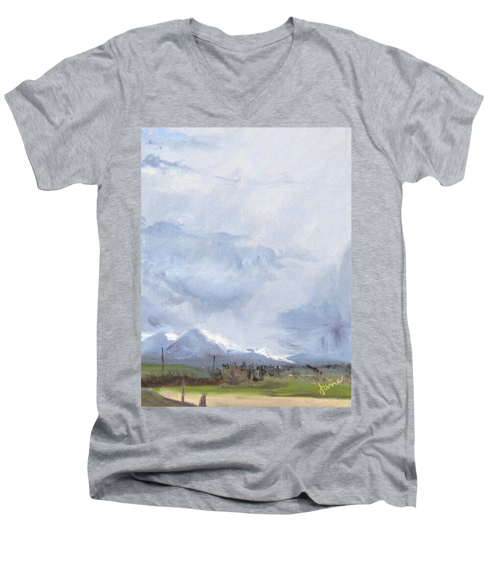 Sky Men's V-Neck T-Shirt featuring the painting Grantsville Skies by Nila Jane Autry