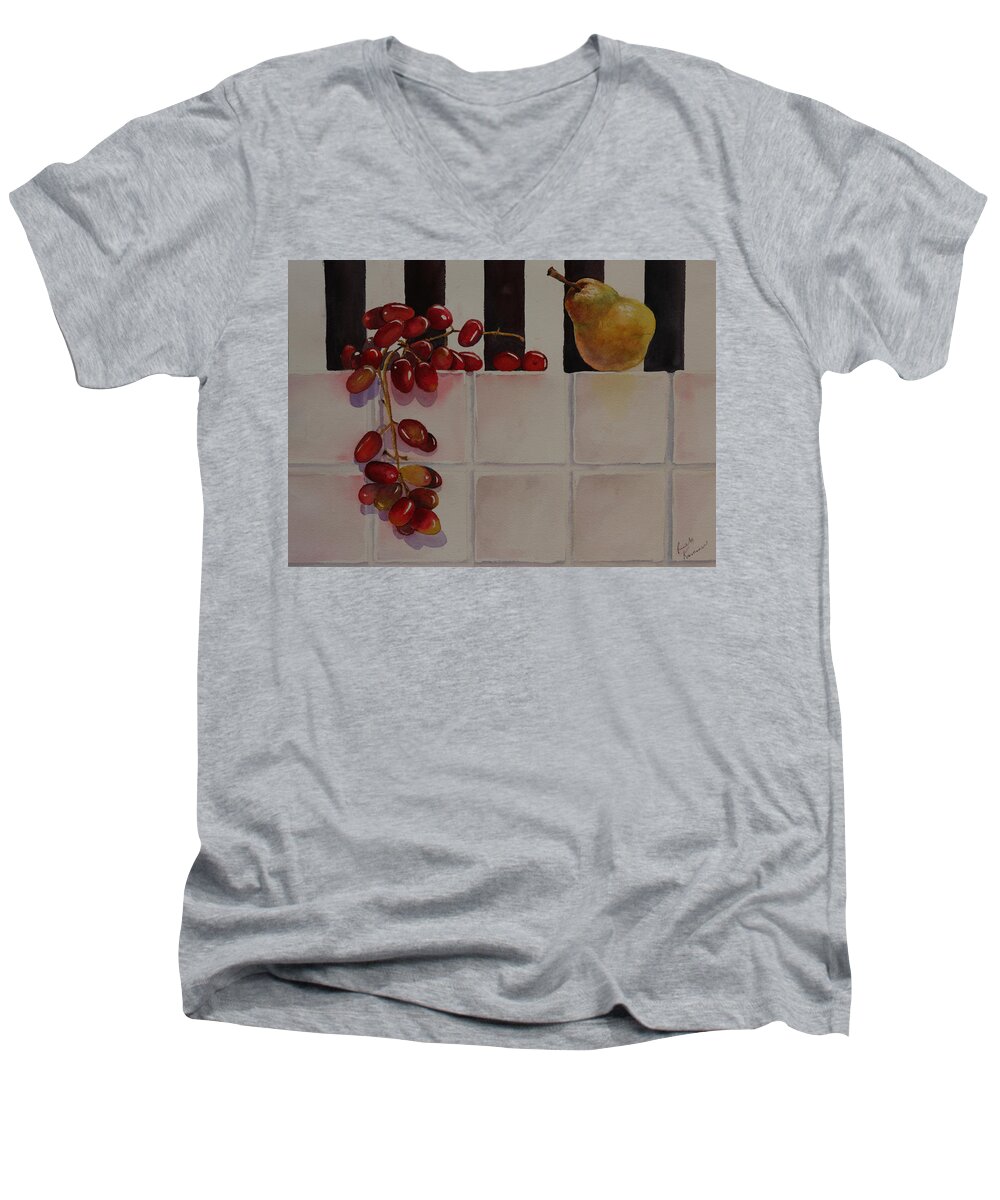 Fruit Men's V-Neck T-Shirt featuring the painting Grapes and Pear by Ruth Kamenev
