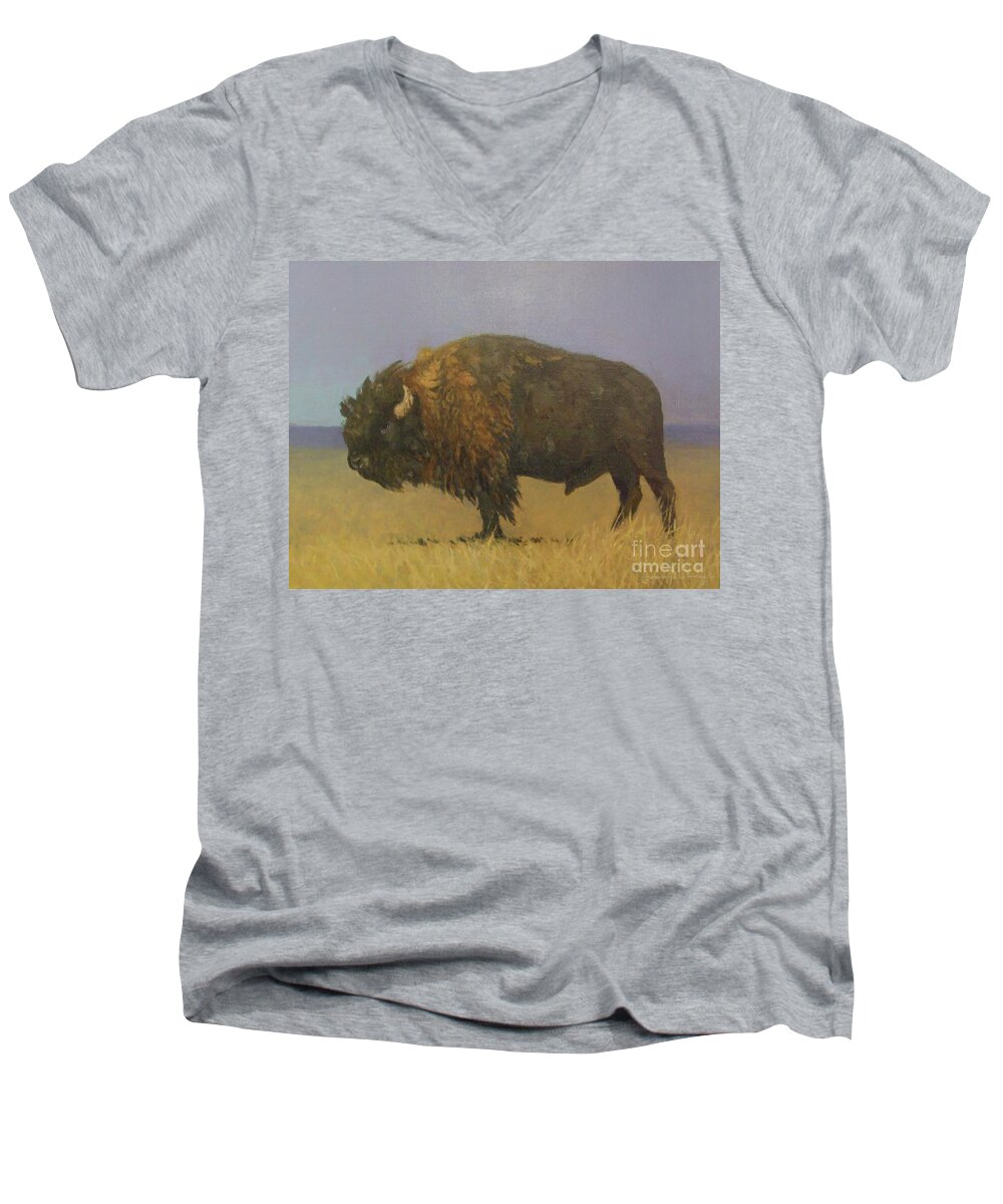 Bison Men's V-Neck T-Shirt featuring the painting Great American Bison by Jessica Anne Thomas