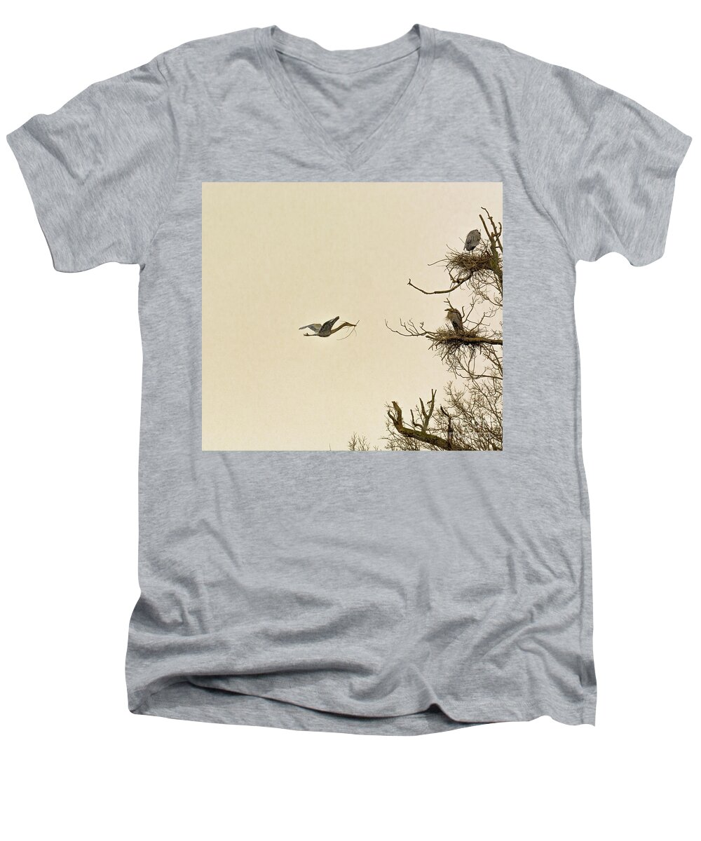 Great Blue Heron Men's V-Neck T-Shirt featuring the photograph Great Blue Heron Nest Building by Randy J Heath