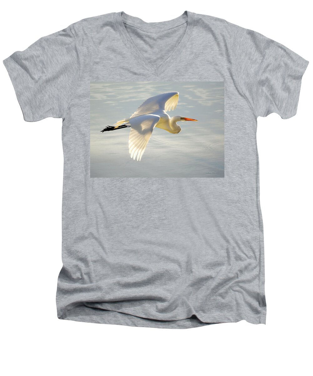 Wildlife Men's V-Neck T-Shirt featuring the photograph Great Egret Glow by Brian Tada