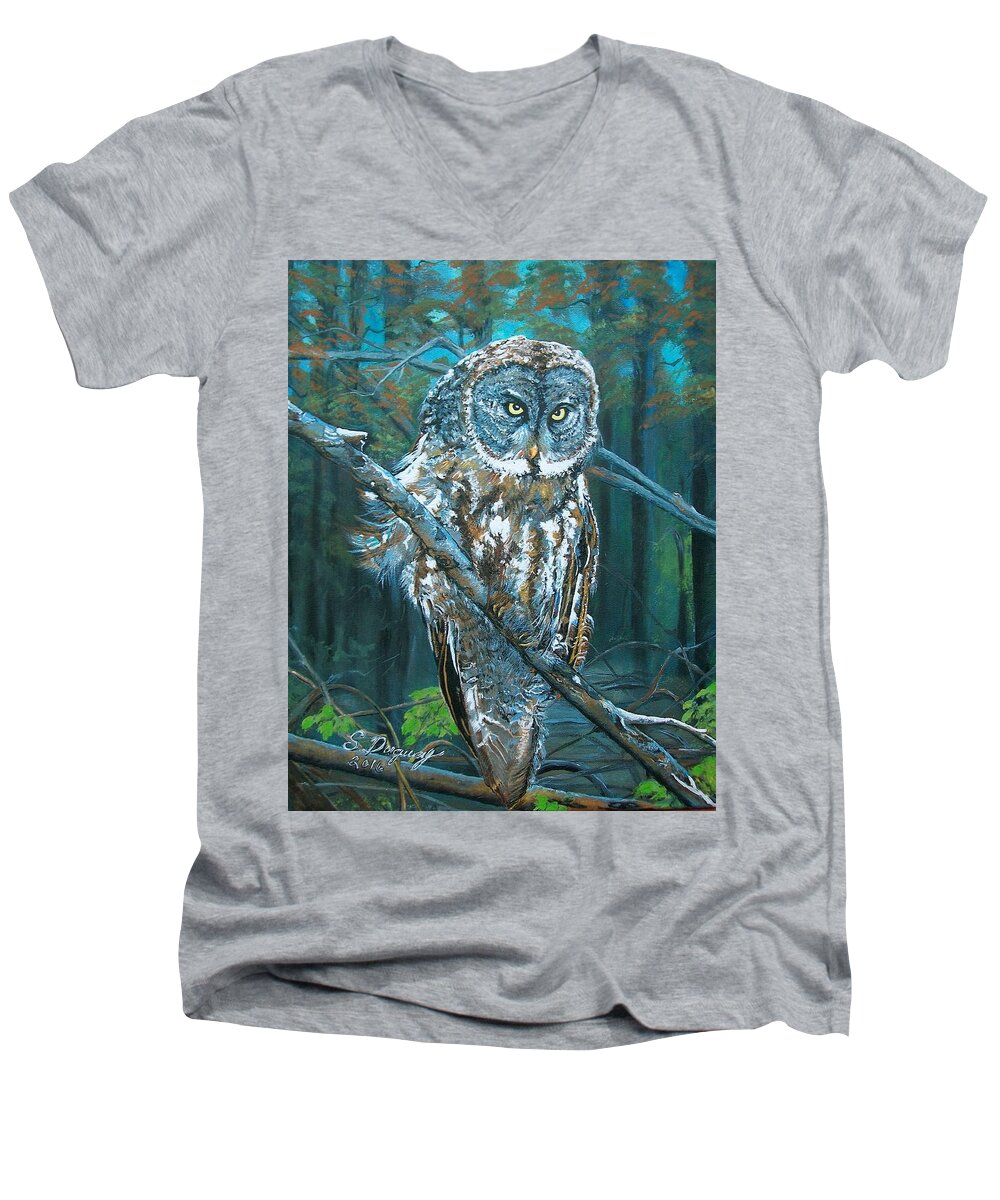 Great Grey Owl Men's V-Neck T-Shirt featuring the painting Great Grey Owl by Sharon Duguay