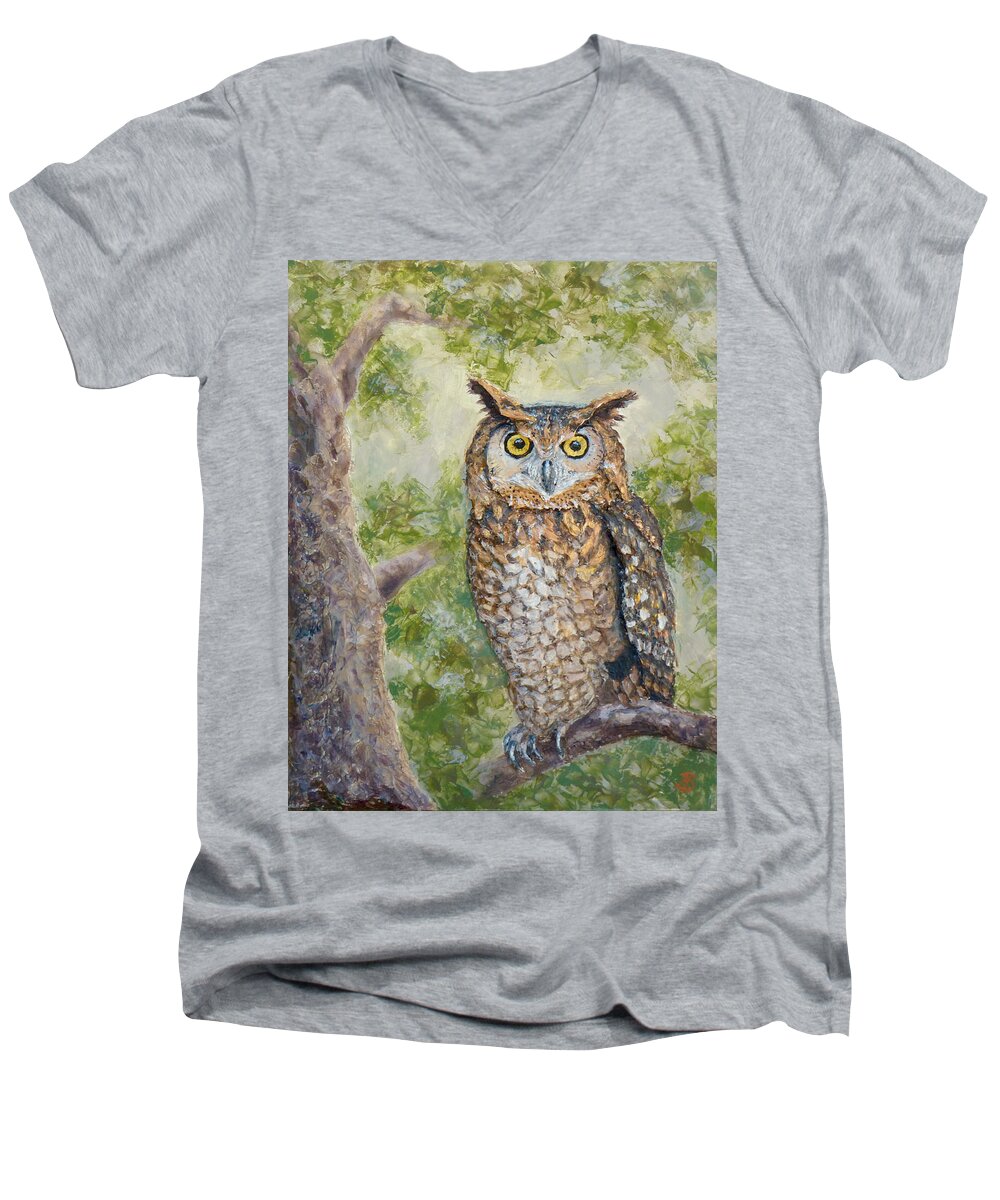 Wildlife Men's V-Neck T-Shirt featuring the painting Great Horned Owl by Joe Bergholm