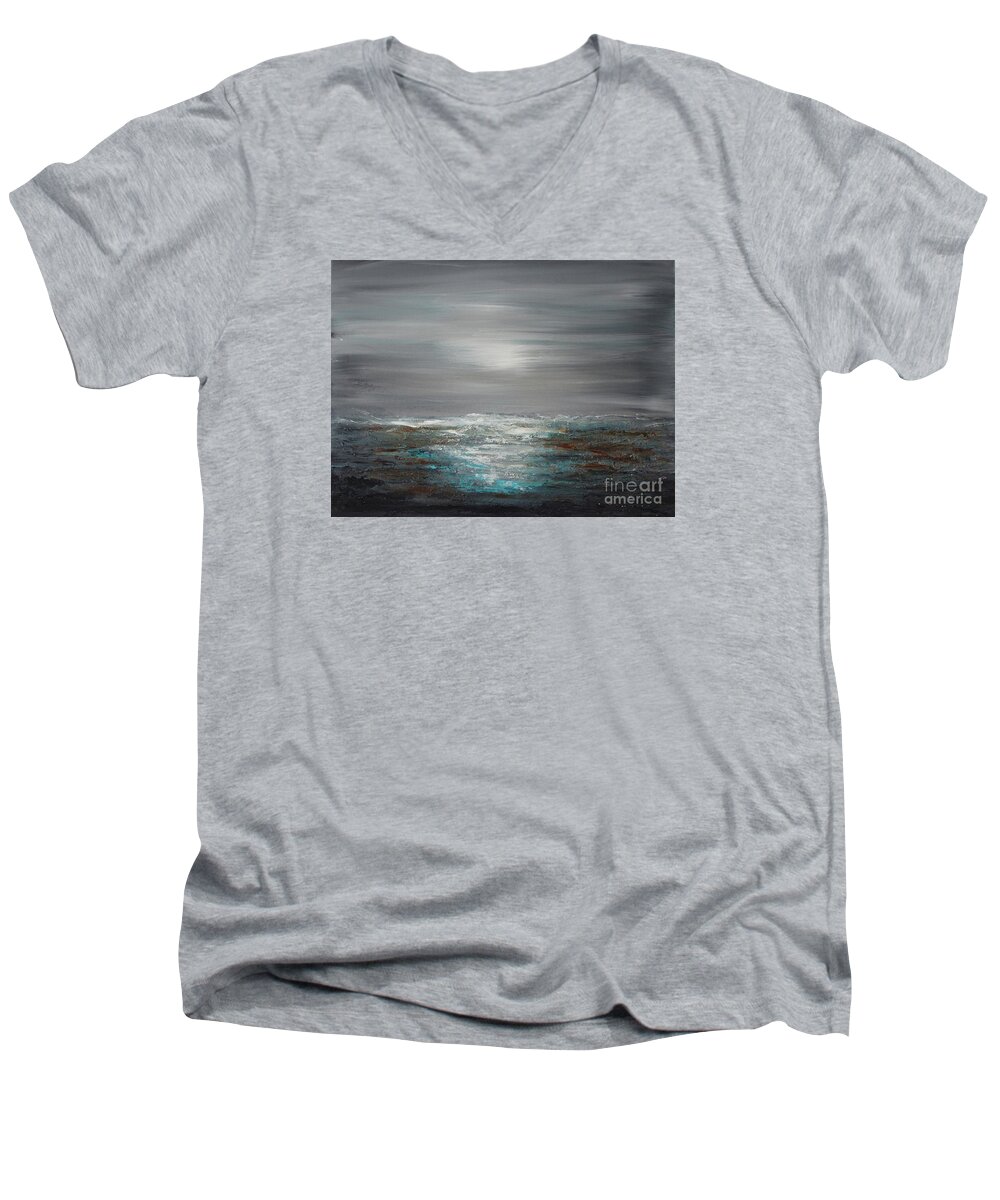 Turquoise Blue Painting Men's V-Neck T-Shirt featuring the painting Great Sea by Preethi Mathialagan