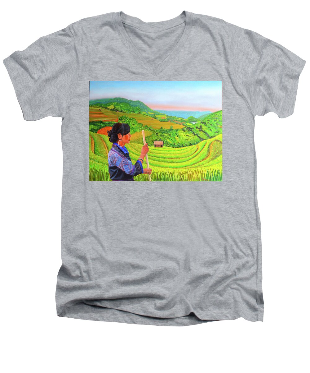 Black Hmong Men's V-Neck T-Shirt featuring the painting Green Destiny by Thu Nguyen