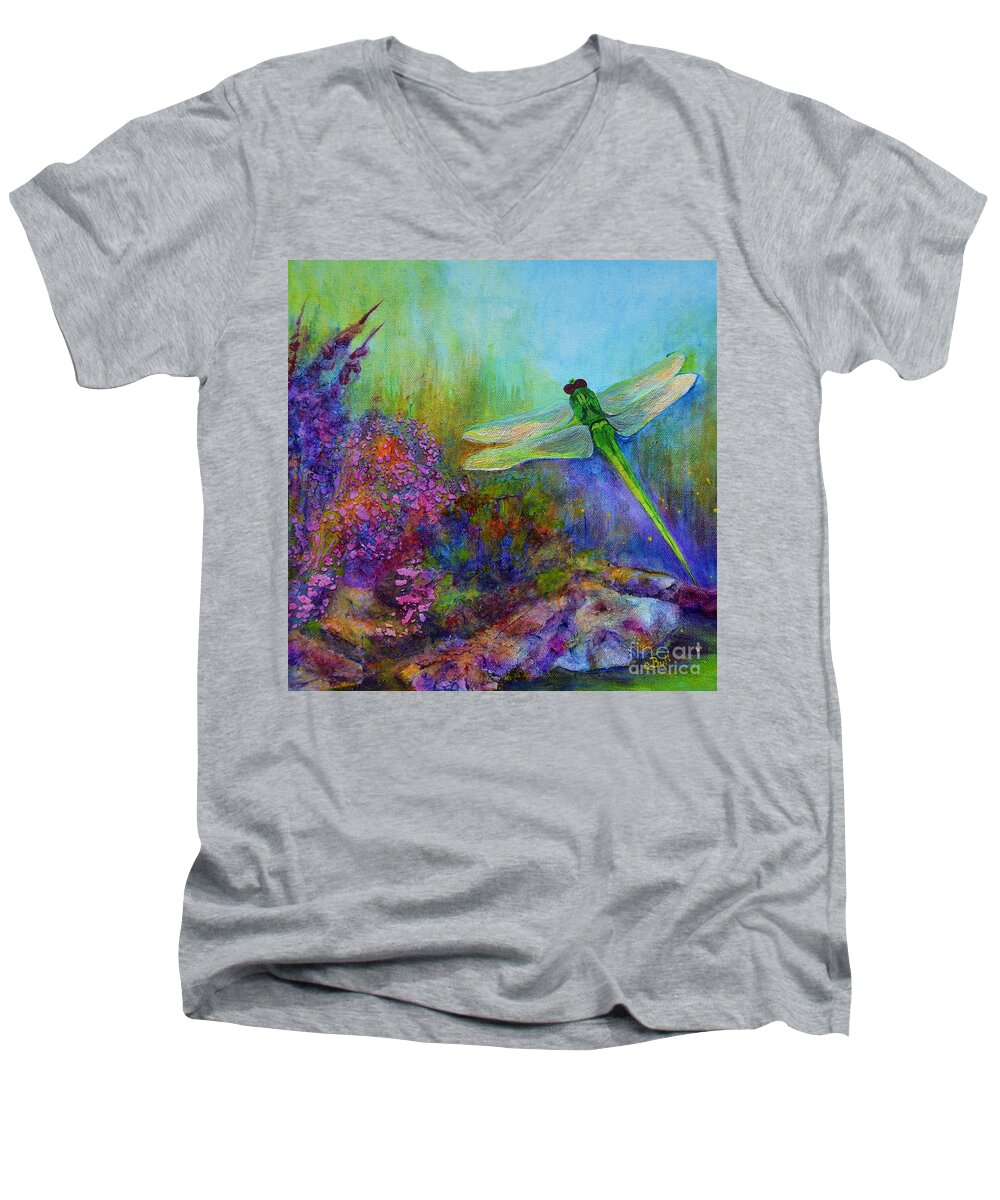 Dragonfly Men's V-Neck T-Shirt featuring the painting Green Dragonfly by Claire Bull