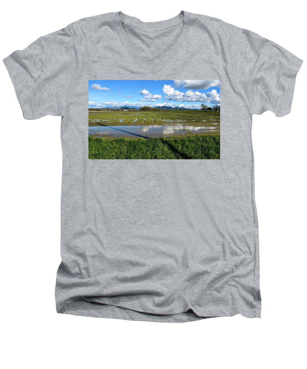 Green Field And Reflecting Clouds Men's V-Neck T-Shirt featuring the photograph Green Field and Reflecting Clouds by Tom Cochran