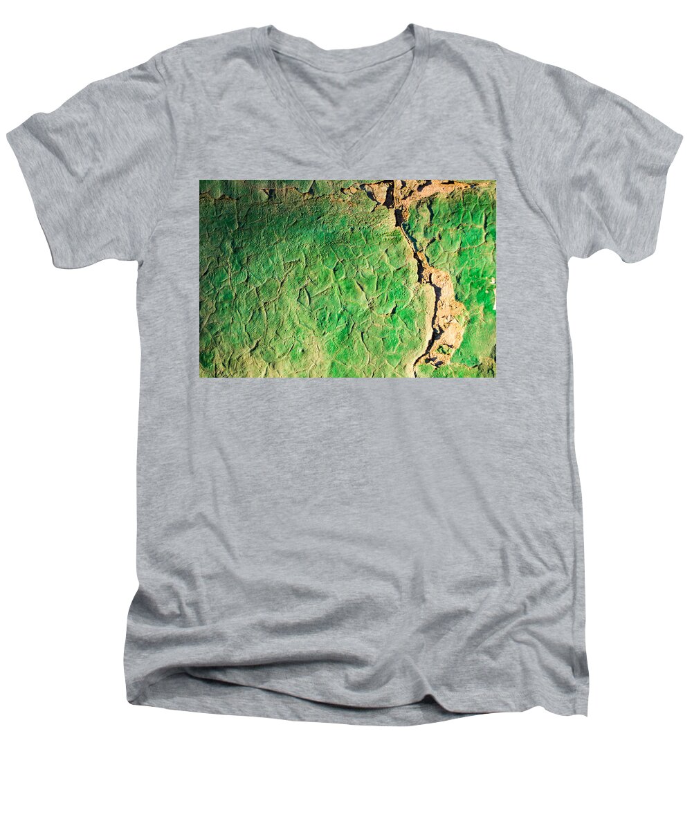 Abstract Men's V-Neck T-Shirt featuring the photograph Green Flaking Brickwork by John Williams