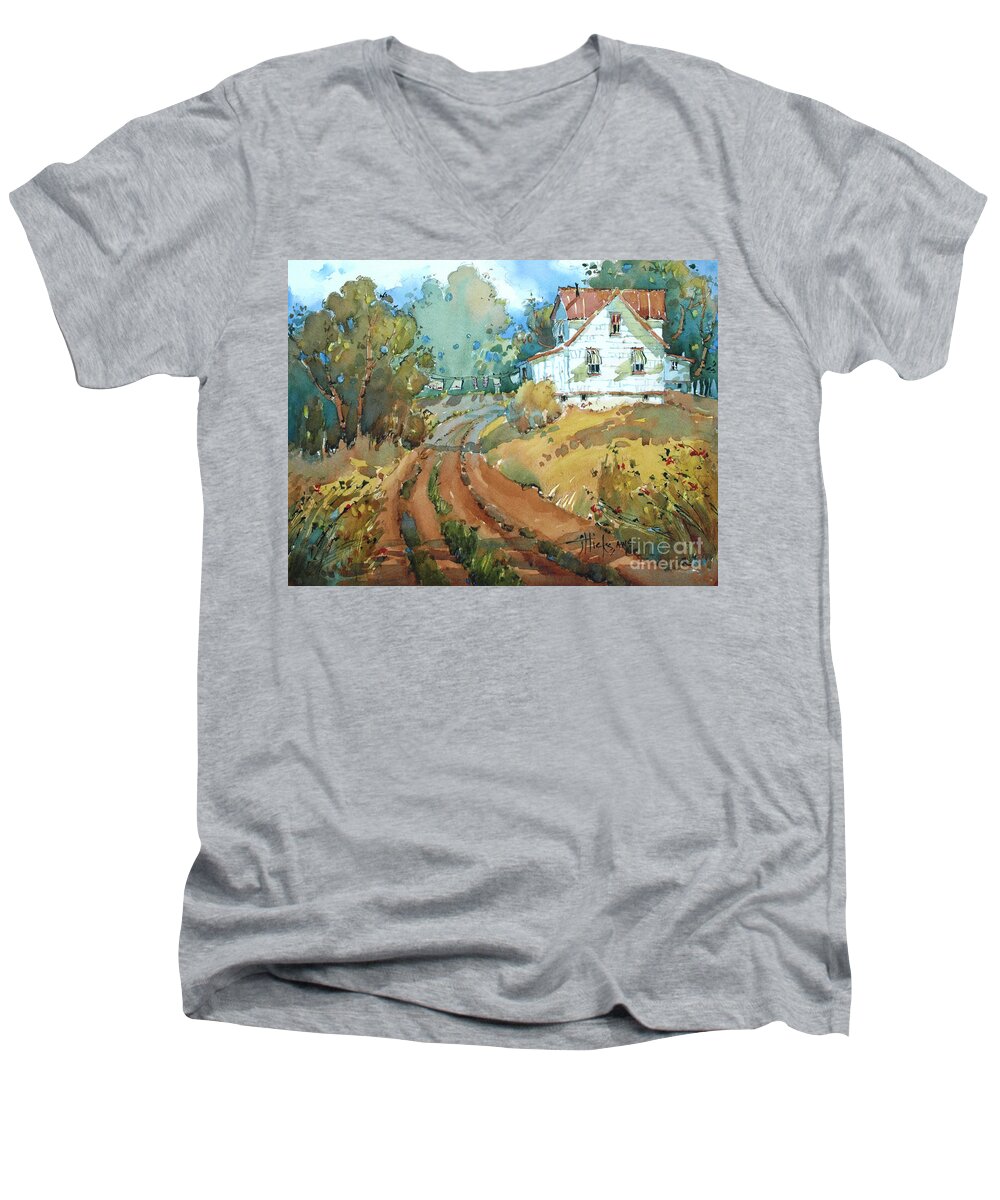Landscape Men's V-Neck T-Shirt featuring the painting Green Striped Awnings by Joyce Hicks