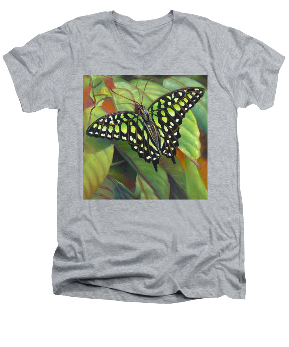 Oil Painting Men's V-Neck T-Shirt featuring the painting Green Tailed Jay Butterfly by Nancy Tilles