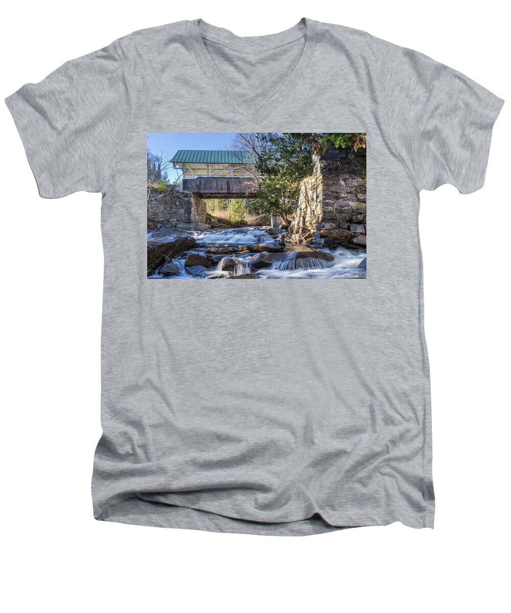 Covered Bridge Men's V-Neck T-Shirt featuring the photograph Greenbank Hollow Covered Bridge by Tim Kirchoff