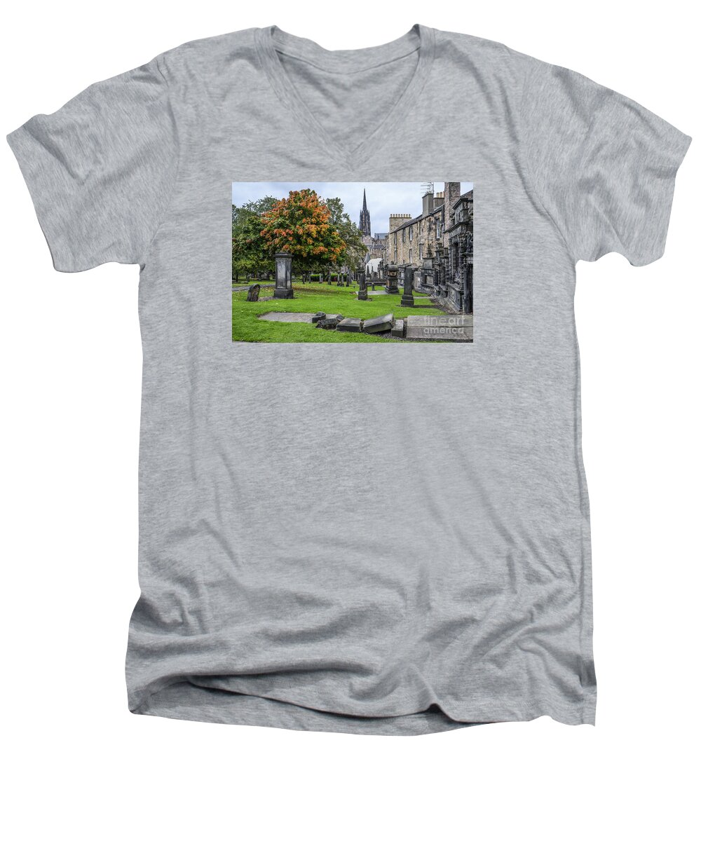 Edinburgh Men's V-Neck T-Shirt featuring the photograph Greyfriars Kirkyard 1562 by Amy Fearn