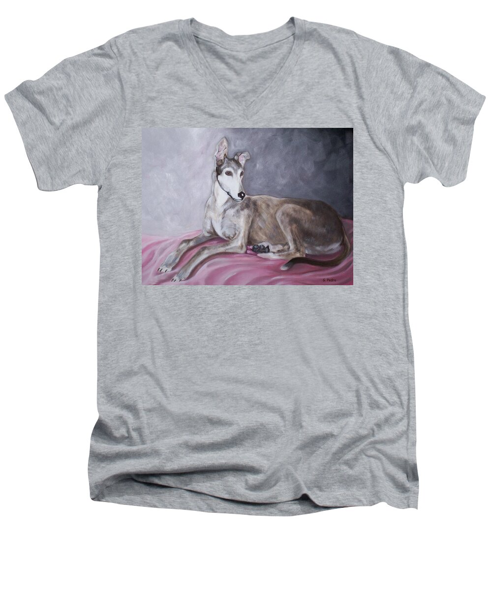 Greyhound Men's V-Neck T-Shirt featuring the painting Greyhound at Rest by George Pedro