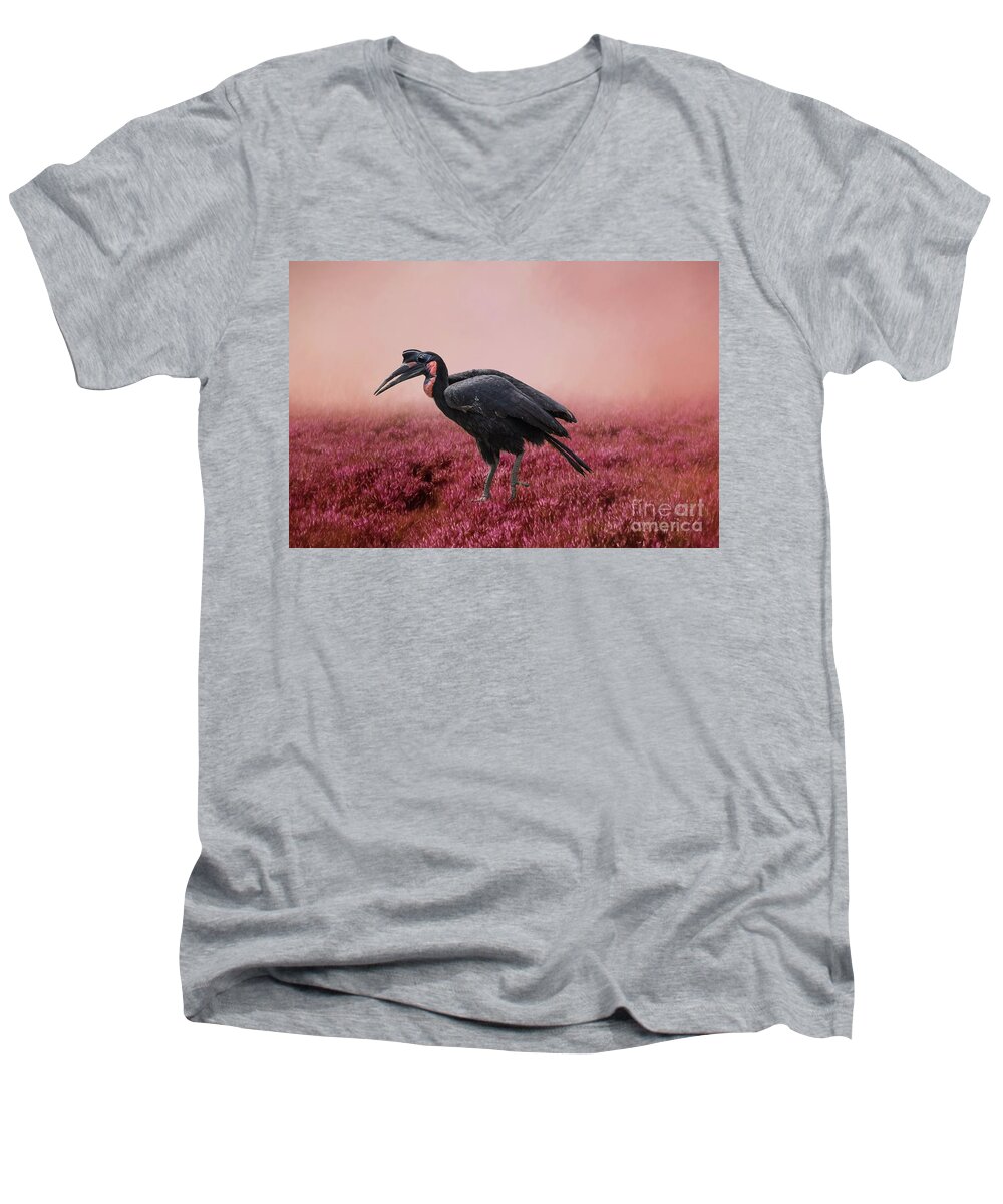 Ground Hornbill Men's V-Neck T-Shirt featuring the photograph Ground Hornbill by Eva Lechner