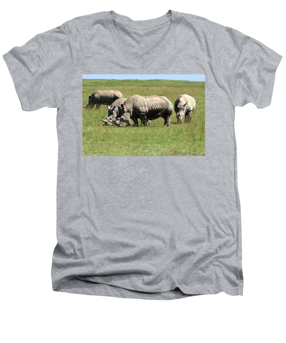 Kenya Men's V-Neck T-Shirt featuring the photograph Group Of White Rhino by Aidan Moran