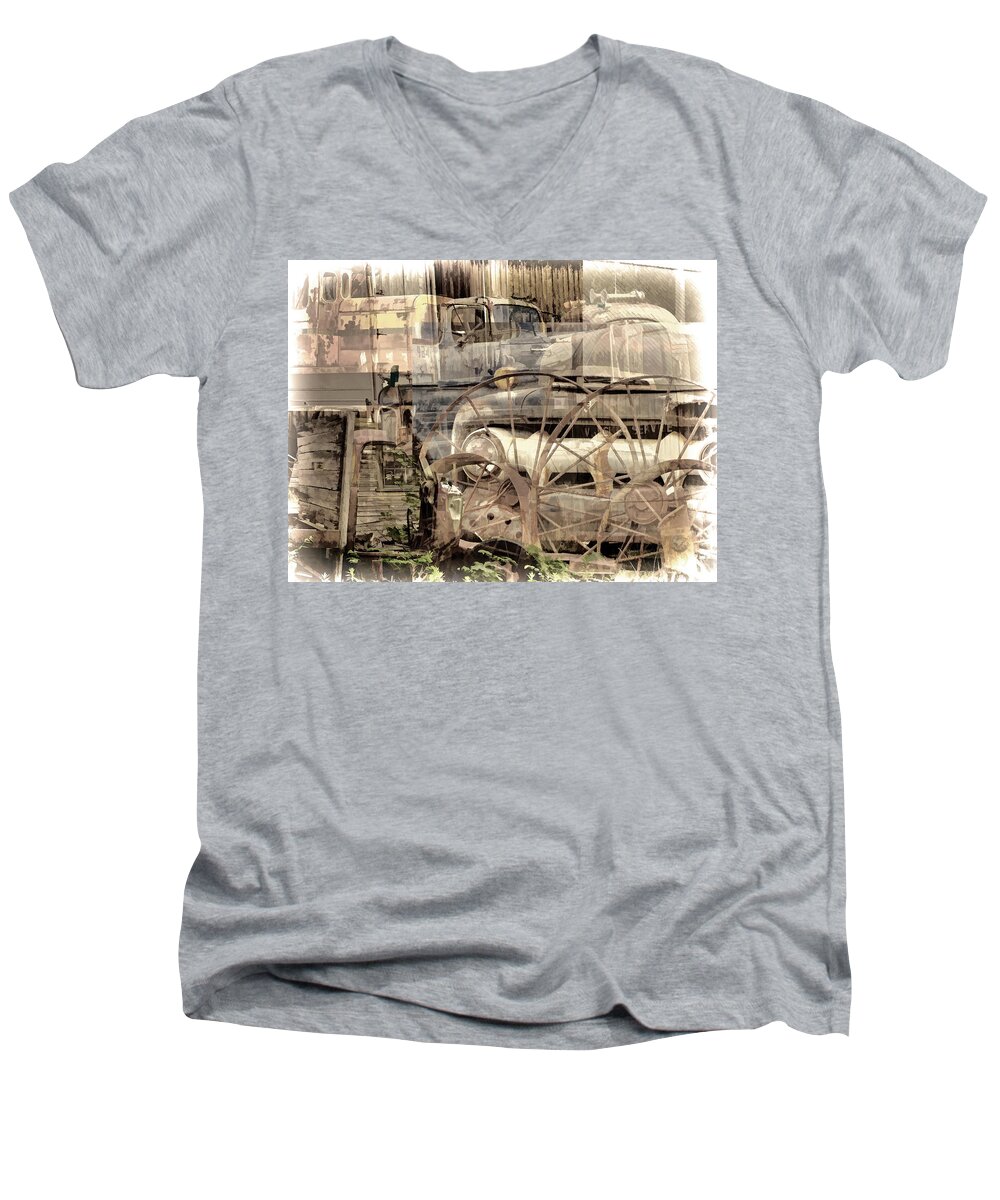 Grunge Men's V-Neck T-Shirt featuring the mixed media Grunge Pile in Sepia 2 by Lynda Lehmann