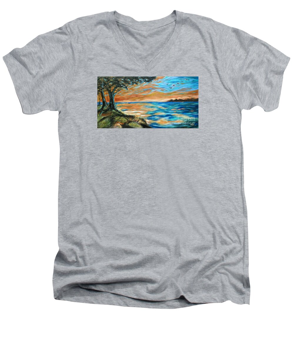 Southern Landscape Men's V-Neck T-Shirt featuring the painting Guana SUnset by Linda Olsen