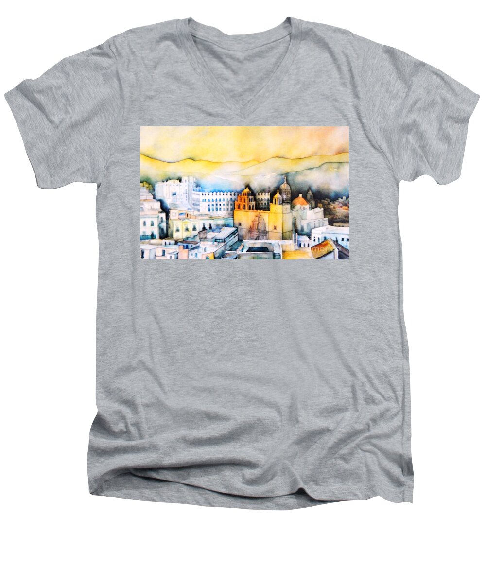 Guanajuato-panorama Men's V-Neck T-Shirt featuring the painting Guanajuato-Mexico by Dagmar Helbig