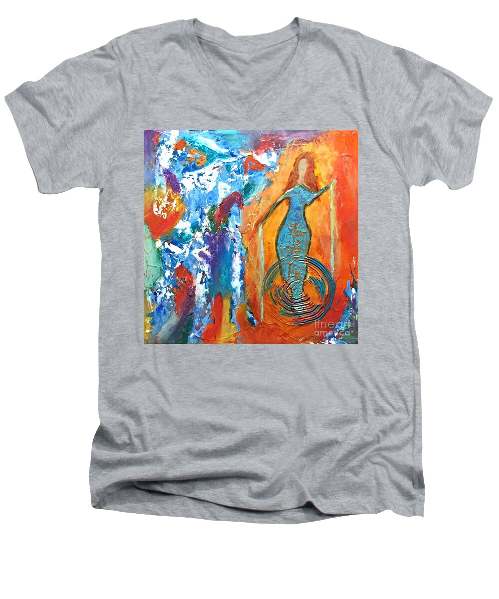 Abstract Men's V-Neck T-Shirt featuring the painting Guardian of Rainbow Light by Mary Mirabal