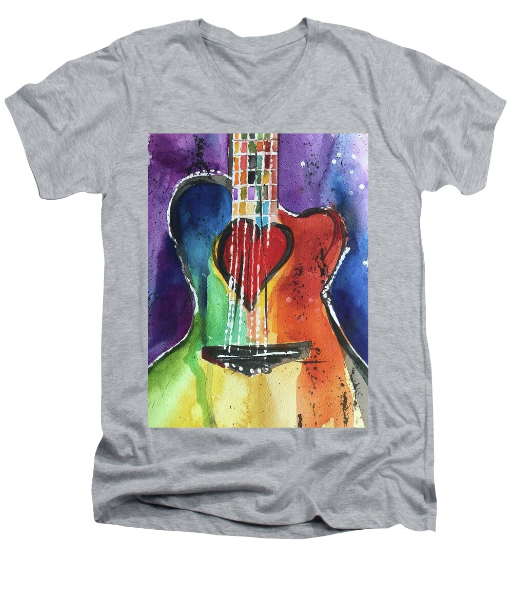 Guitar Men's V-Neck T-Shirt featuring the painting Guitar Love by Bonny Butler