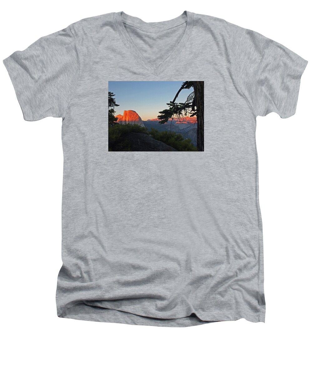 California Men's V-Neck T-Shirt featuring the photograph Half Dome - Sunset On A Bright Day by Walter Fahmy