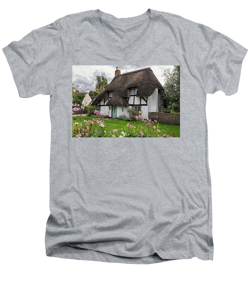 Cottage Men's V-Neck T-Shirt featuring the photograph Hampshire Thatched Cottages 8 by Shirley Mitchell