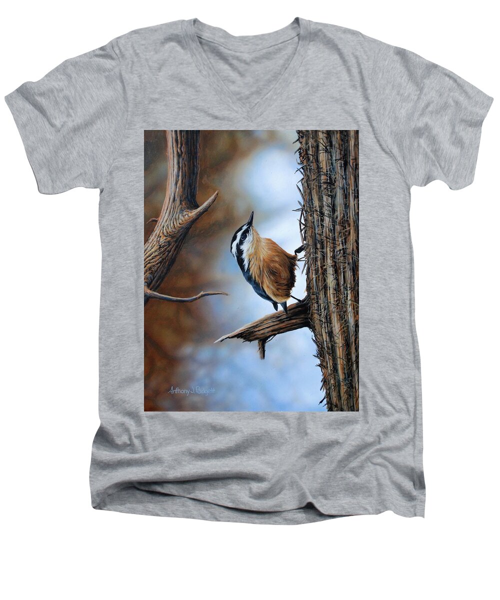 Nuthatch Men's V-Neck T-Shirt featuring the painting Hangin Out - Nuthatch by Anthony J Padgett