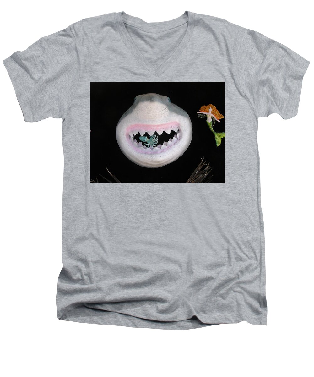 Shark Men's V-Neck T-Shirt featuring the mixed media Happiness Is by Dan Townsend