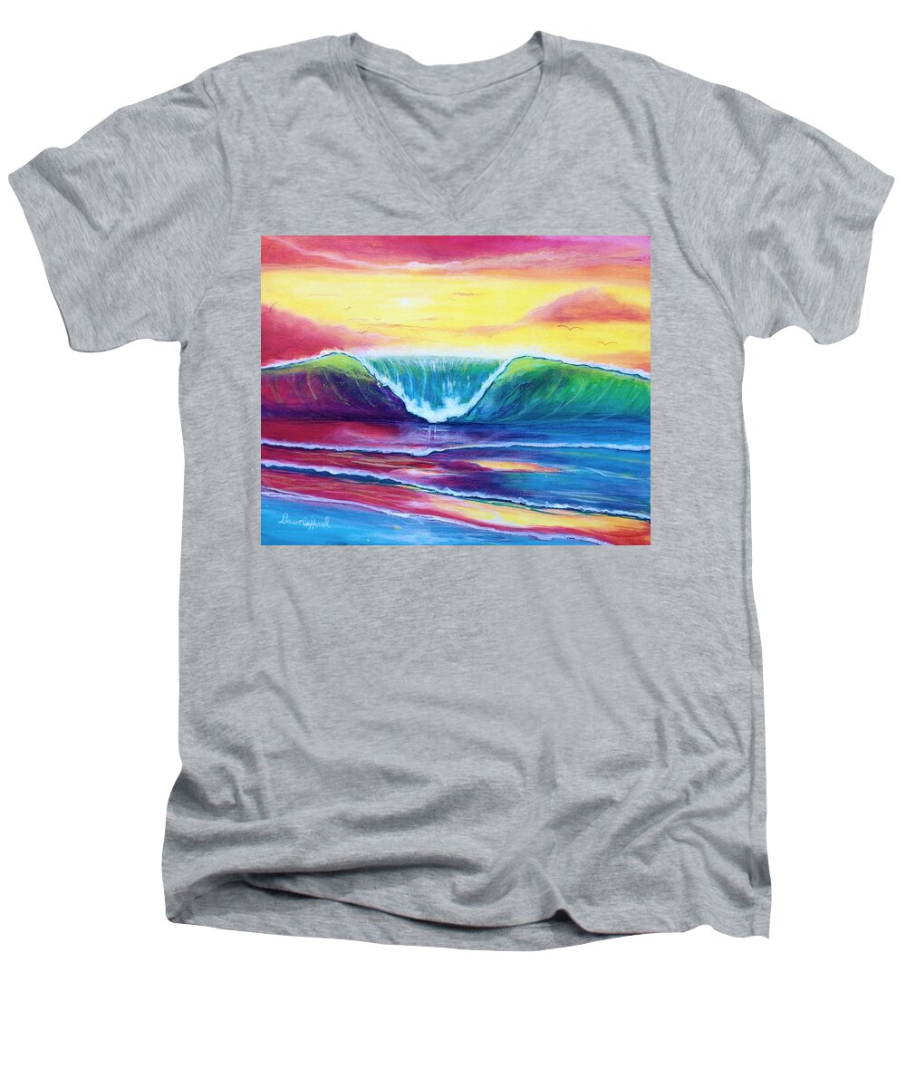 Surf Men's V-Neck T-Shirt featuring the painting Happy Wave by Dawn Harrell