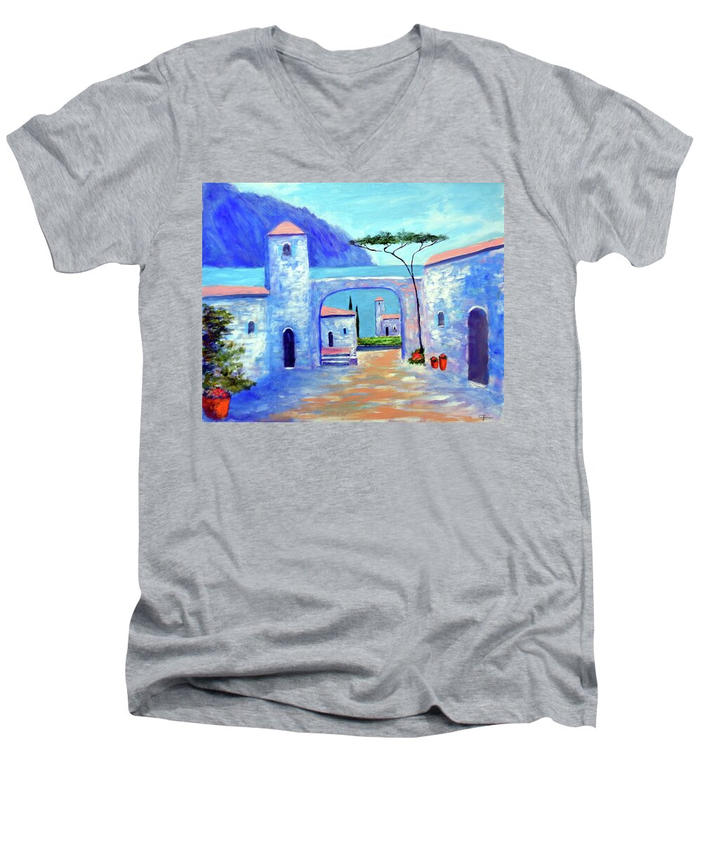 Lake Como Italy Men's V-Neck T-Shirt featuring the painting Harmony Of Como by Larry Cirigliano