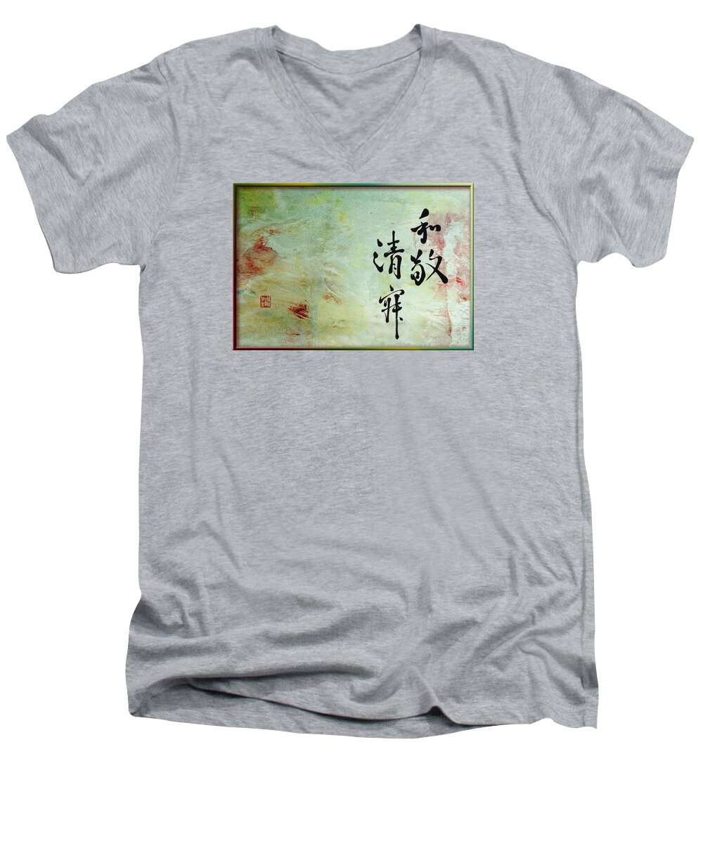 chinese Japanese Ink Brush Calligraphy Men's V-Neck T-Shirt featuring the painting Harmony Respect Purity Tranquility by Peter V Quenter
