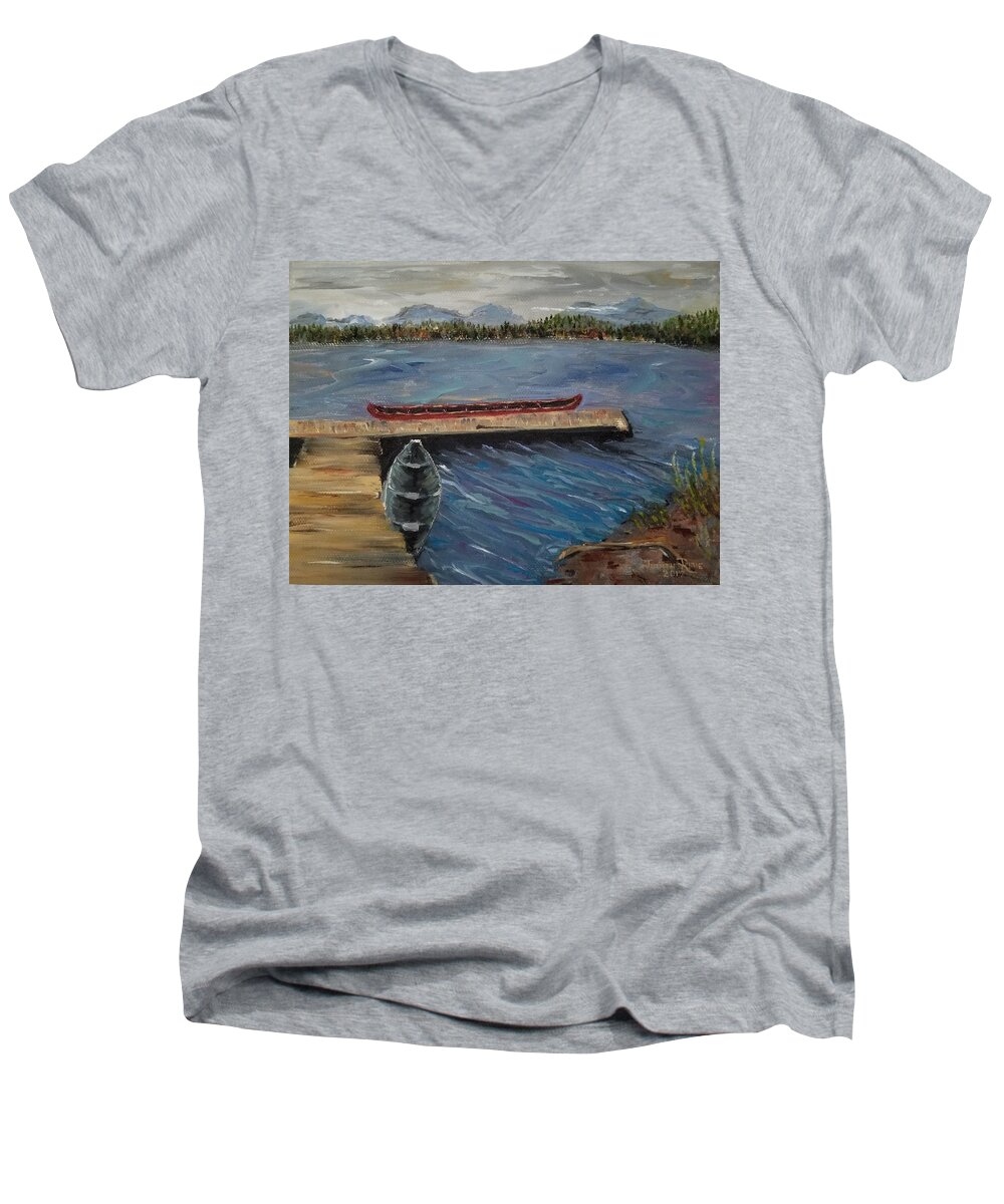 Harriet Hunt Lake Men's V-Neck T-Shirt featuring the painting Harriet Hunt Lake, Ketchikan, Alaska by Judith Rhue