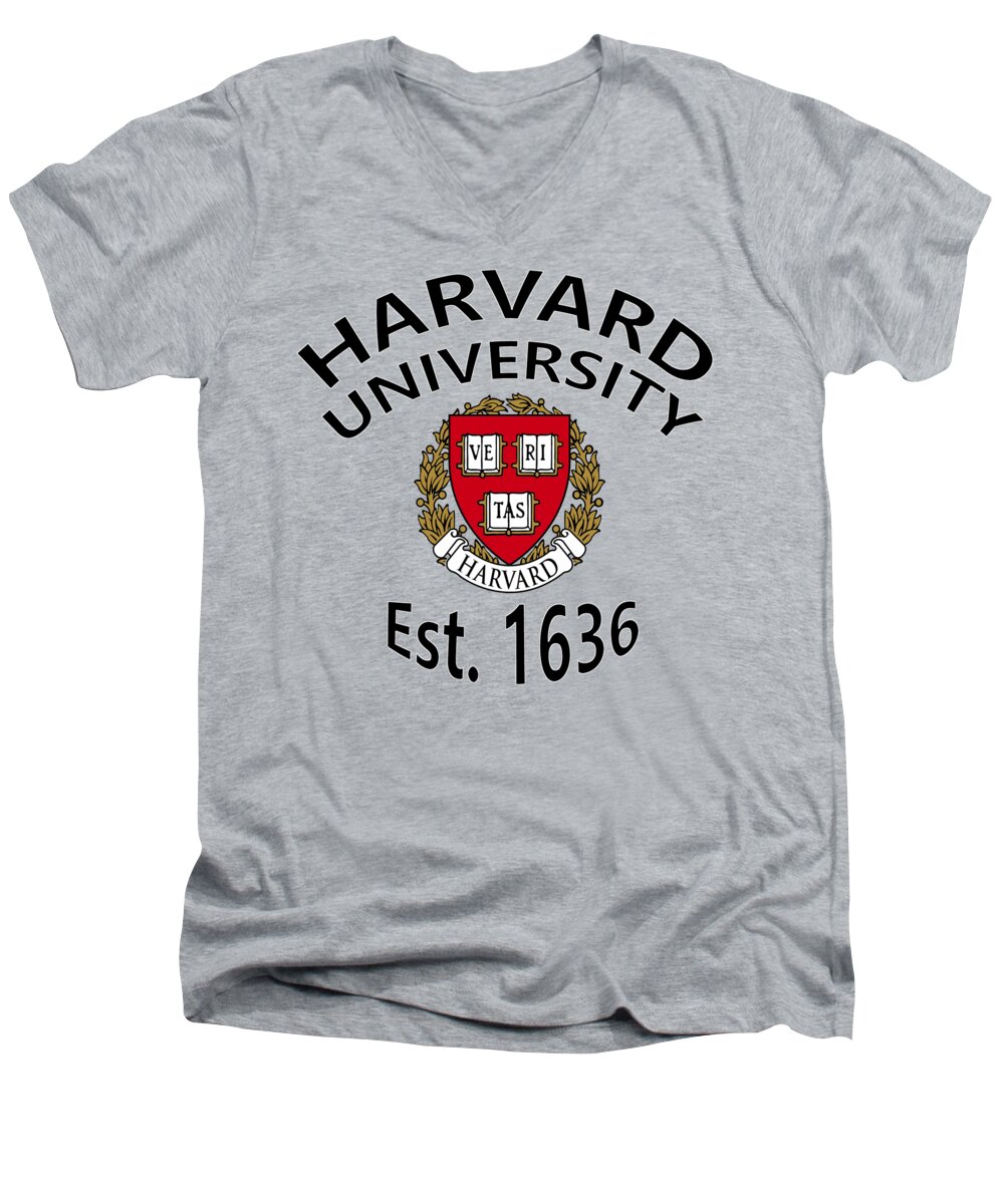 Harvard University Men's V-Neck T-Shirt featuring the digital art Harvard University Est 1636 by Movie Poster Prints