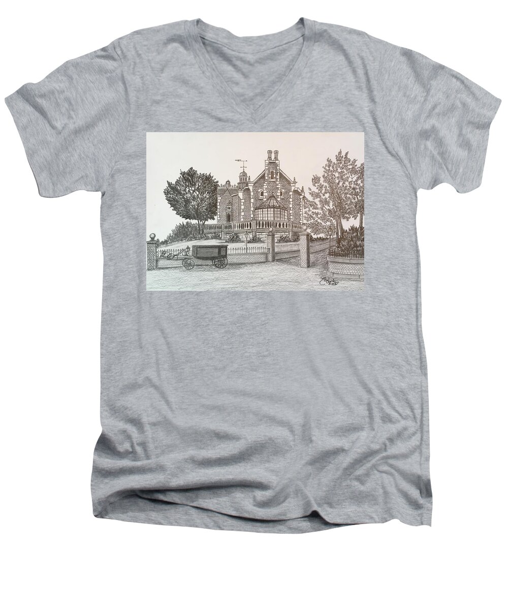 House Men's V-Neck T-Shirt featuring the drawing Haunted Mansion by Tony Clark