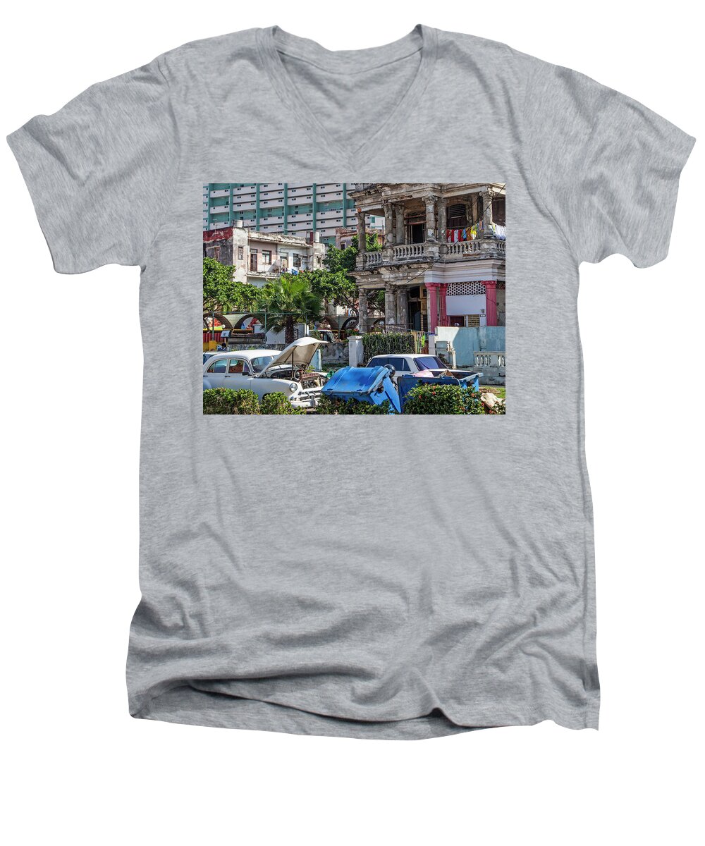 Charles Harden Havana Cuba Vintage Cars Ruins Chevy Laundry Modern Old Men's V-Neck T-Shirt featuring the photograph Havana Cuba by Charles Harden