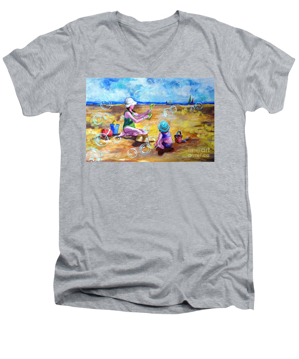 Young Girls Men's V-Neck T-Shirt featuring the painting Childhood #2 by Betty M M Wong
