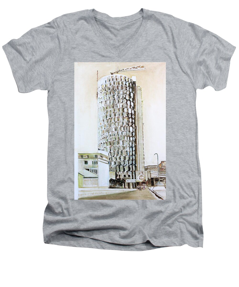 Building Men's V-Neck T-Shirt featuring the painting HBL. Skyscraper. by Khalid Saeed