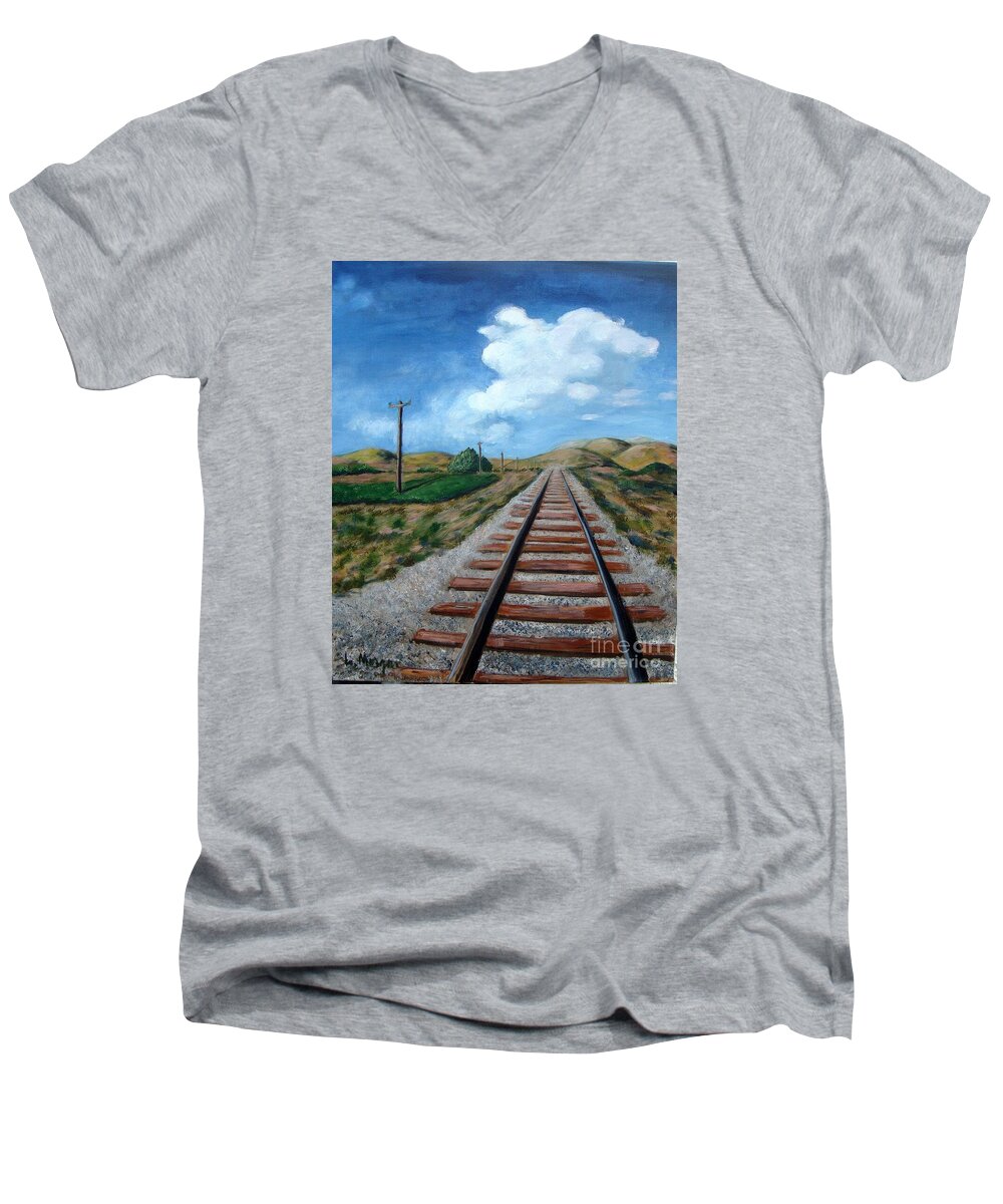 Railroad Tracks Men's V-Neck T-Shirt featuring the painting Heading in the Right Direction by Laurie Morgan