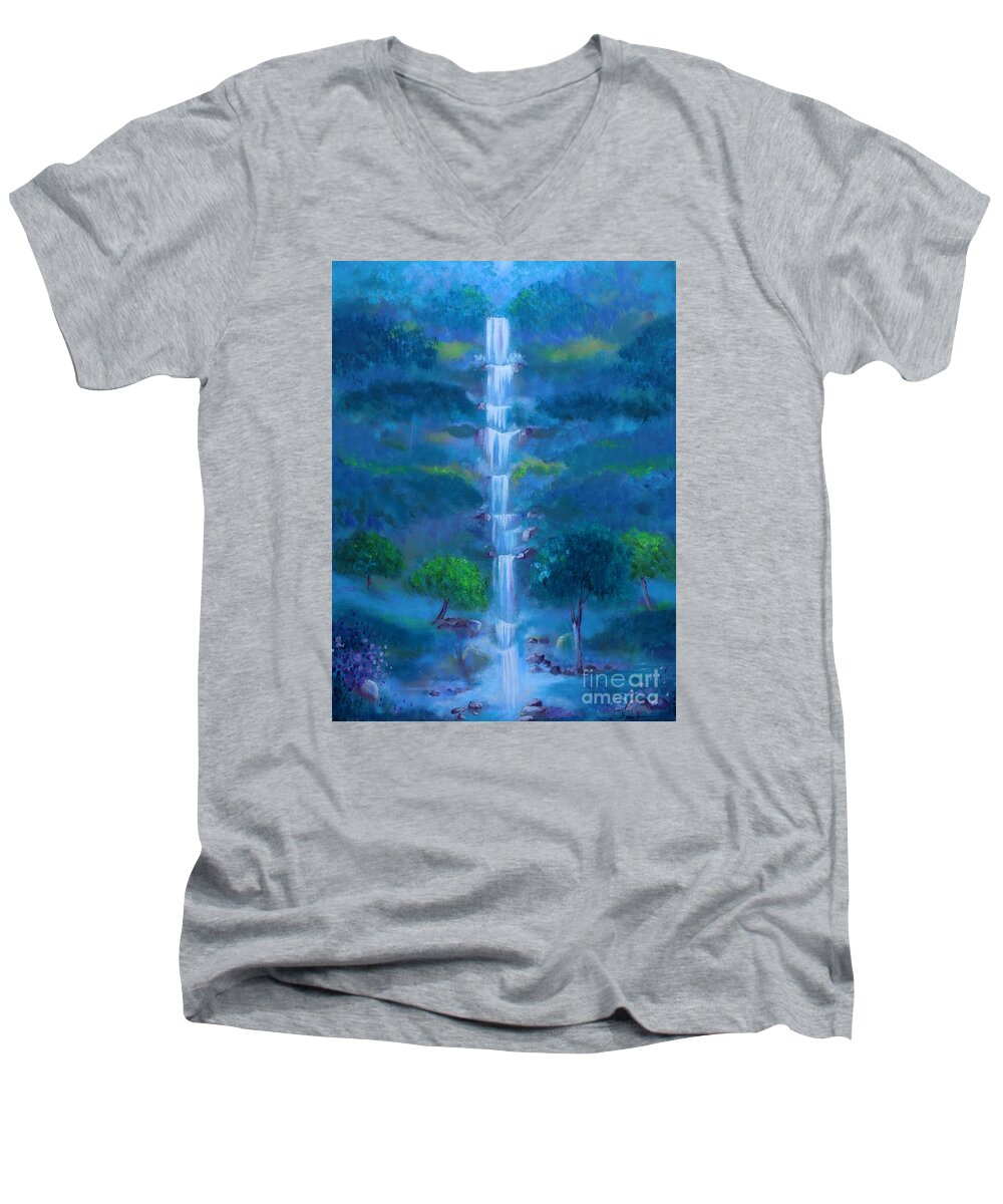 Landscape Men's V-Neck T-Shirt featuring the painting Heavenly Falls by Stacey Zimmerman