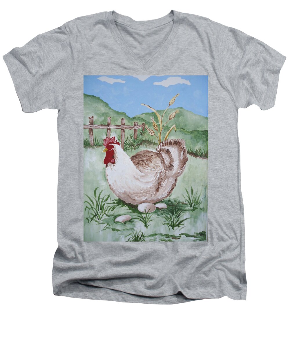 Hen Men's V-Neck T-Shirt featuring the painting Hen and Eggs by Leslie Manley