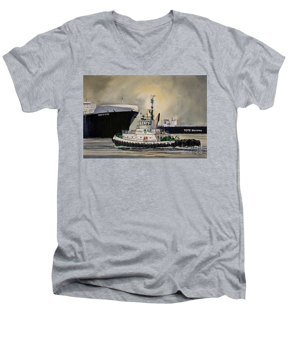 Tugboat Henry Foss Men's V-Neck T-Shirt featuring the painting HENRY FOSS assisting Tote Maritime by James Williamson