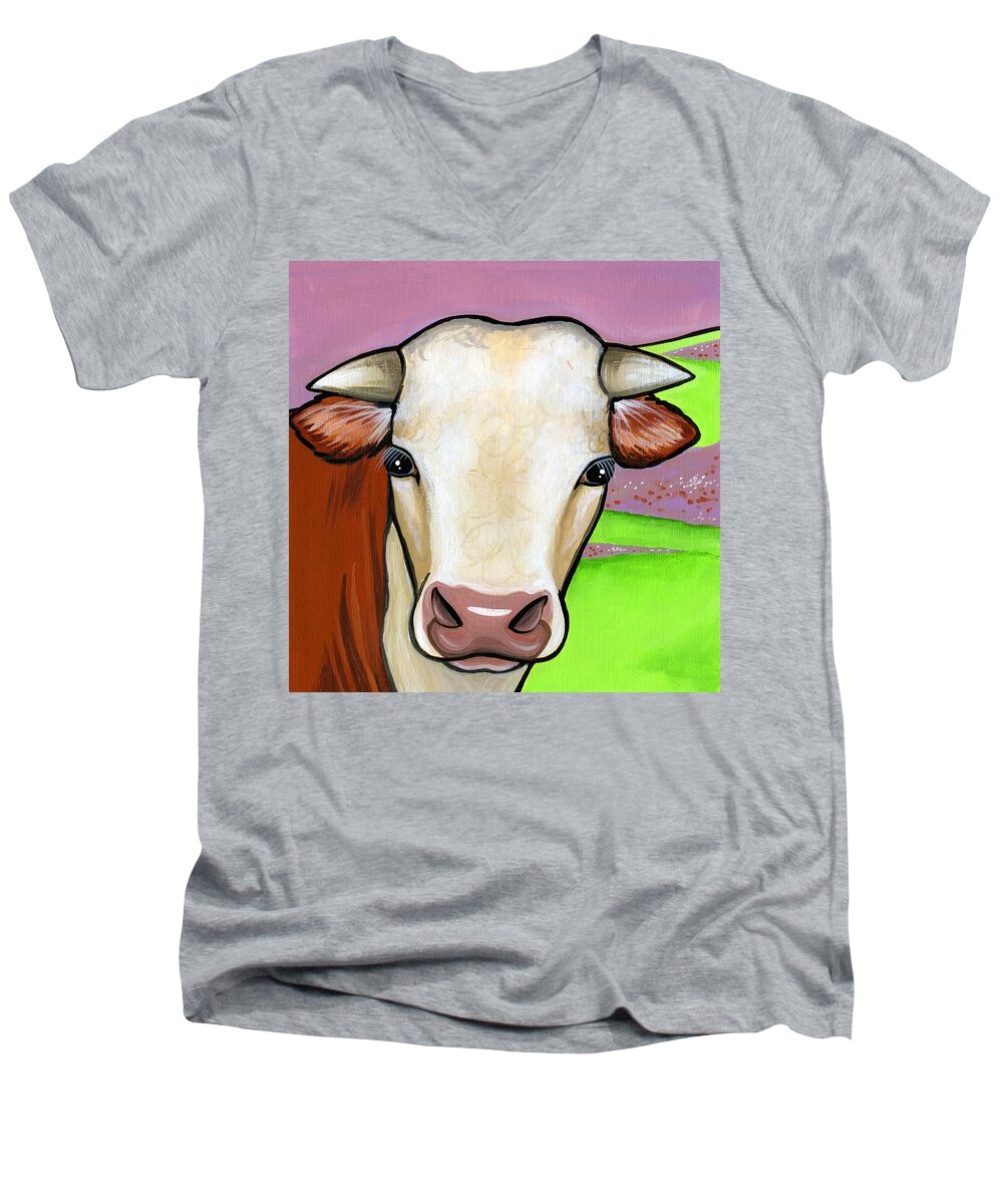 Cow Men's V-Neck T-Shirt featuring the painting Hereford by Leanne Wilkes