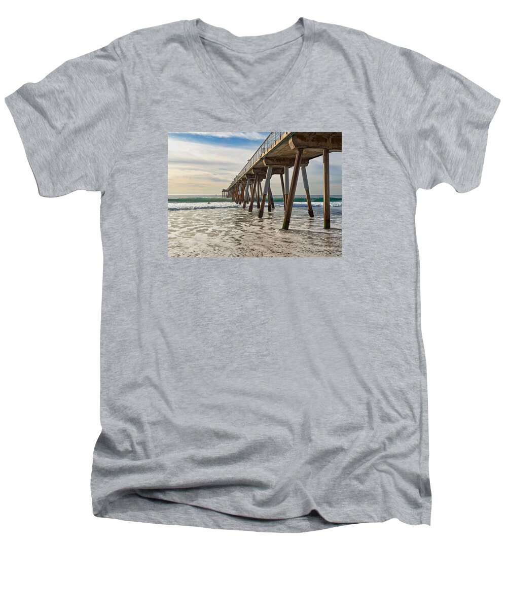 Pier Men's V-Neck T-Shirt featuring the photograph Hermosa under the Pier by Michael Hope