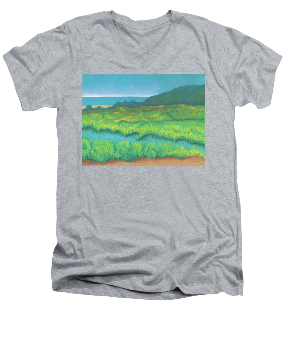 Art Men's V-Neck T-Shirt featuring the pastel Heron's Home by Anne Katzeff
